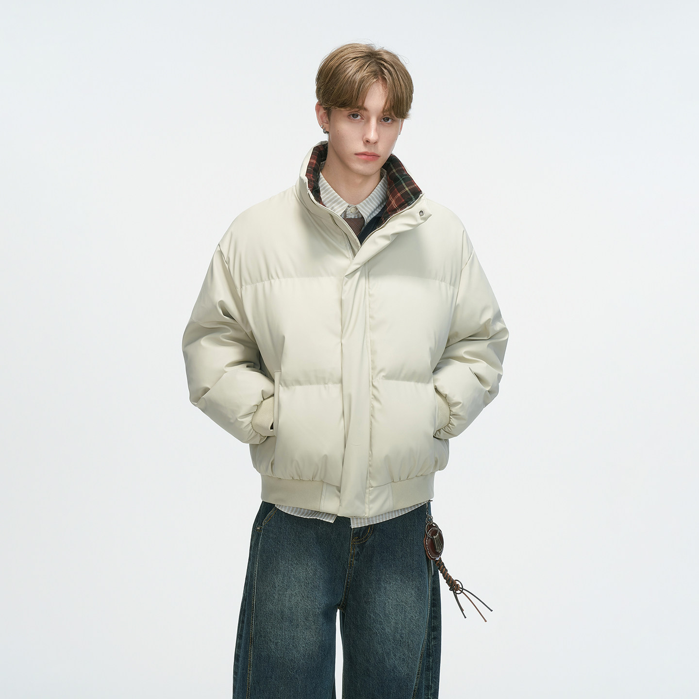 Dream made 美式格纹拼接短款PU皮棉服男冬季加厚面包服保暖棉衣,淘宝优惠券,粉丝福利购,淘宝优惠卷