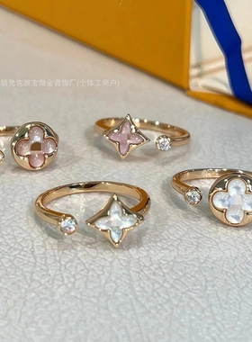 驴家新款尖花戒指 女V金圆花白贝母开口对戒叠戴时尚百搭直播代发