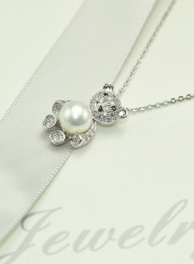 925半银抱抱熊微镶小熊淡水珍珠吊坠项链铜镀真金首饰