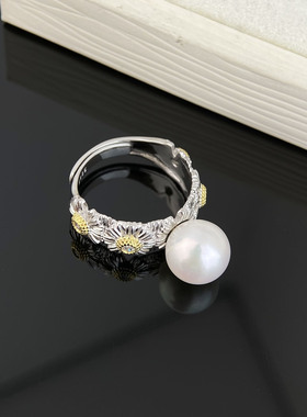 天然淡水珍珠精工雏菊双色指环正圆9-10mm珍珠s925纯银戒指诸暨