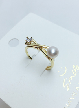 K金工艺平衡木天然淡水珍珠戒指开口可调节个性设计18K包金饰品