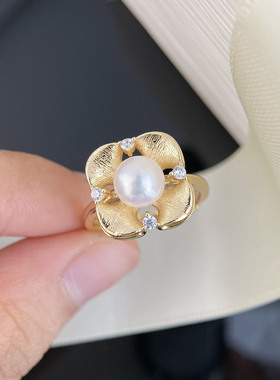 天然淡水珍珠复古拉丝工艺花瓣指环正圆6-7mm女s925纯银戒指诸暨