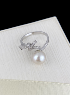 天然淡水珍珠蝴蝶结戒指正圆9-10mm珍珠女s925纯银珍珠戒指女款