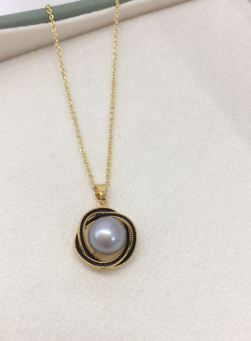 诸暨山下湖5A级天然淡水珍珠项链滴油黑色鸟巢珍珠吊坠