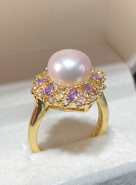 5A级高亮天然淡水真珍珠18K包金微镶彩宝锆石珍珠戒指指环女轻奢