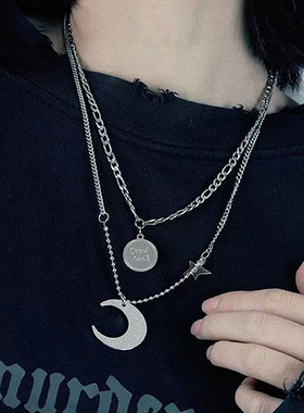 多层星月折叠项链女钛钢创意饰品