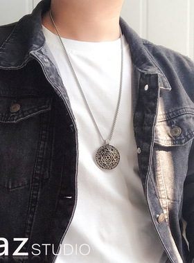 男六芒星圆牌项链蹦迪嘻哈毛衣链