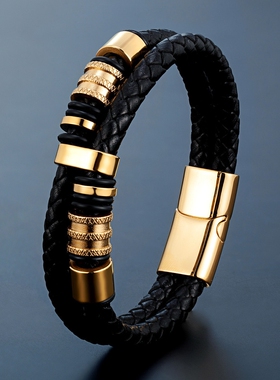 黑色真皮编织双圈手绳男士复古皮绳手链高级感手环男生饰品礼物