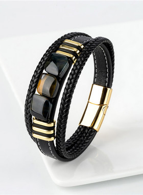 高颜值蓝虎眼石手串男款多层编织皮绳手链欧美不锈钢磁铁扣手饰品