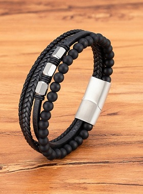 欧美不锈钢七彩星球天然石玛瑙虎眼手饰朋克双层男士皮革手链