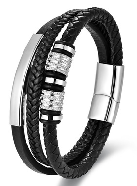 复古多层编织皮绳手链男士钛钢小众设计手环高级感百搭磁吸扣手链