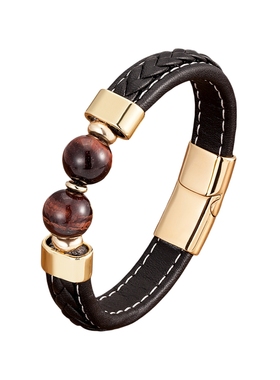 中国风红玛瑙石转运珠手绳马年本命年男士粗款黑绳皮质编织手链男