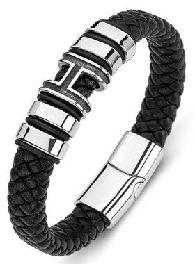 潮男路路通转运珠串饰编织皮绳手链简约霸气高级感手绳黑色欧美风