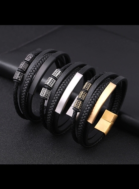 小众ins风菱形镶钻转运珠手链男款痞帅黑色皮质编织手绳潮流个性
