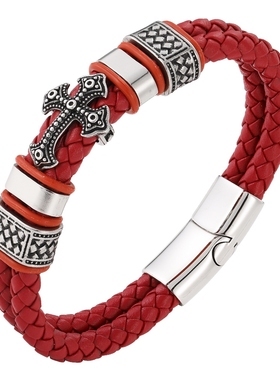 时来运转红色皮绳手链男款霸气长城纹十字架手牌转运红绳去霉运