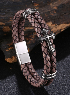 2026马年本命年十字架转运红绳男款钛钢皮质手链护身保平安去霉运