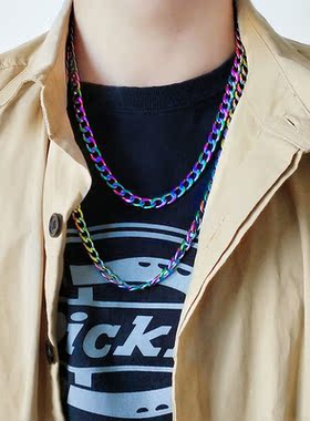 炫彩色淬火古巴链项链男潮男个性街头小众帅气嘻哈男士项链毛衣链