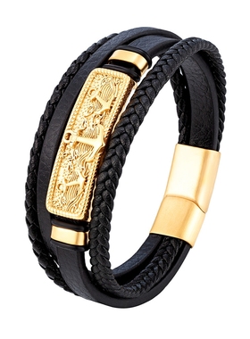 欧美不锈钢船锚手链男士复古多层编织皮手链民族风钛钢手镯