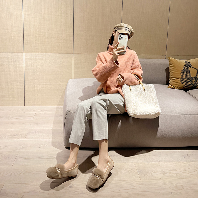 毛毛鞋女冬外穿加绒时尚一脚蹬兔毛豆豆鞋保暖棉鞋大码女鞋41到43 - 图2