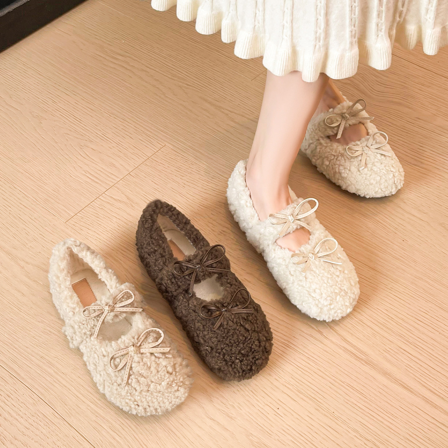 米霏~羊羔毛玛丽珍鞋女冬平底毛毛鞋加绒蝴蝶结豆豆棉鞋大码女鞋,淘宝优惠券,粉丝福利购,淘宝优惠卷