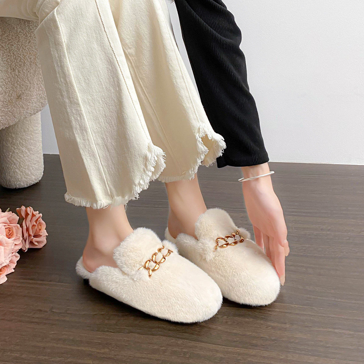 毛毛拖鞋女外穿高级感2025秋冬新款貂毛包头半拖大码棉拖鞋41到43,淘宝优惠券,粉丝福利购,淘宝优惠卷