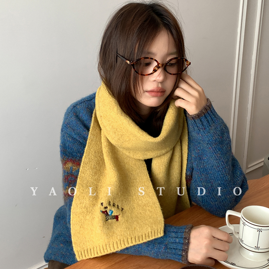 YAOLI气球皮皮狗刺绣~韩系软糯针织围巾女秋冬保暖防寒护颈围脖 - 图0