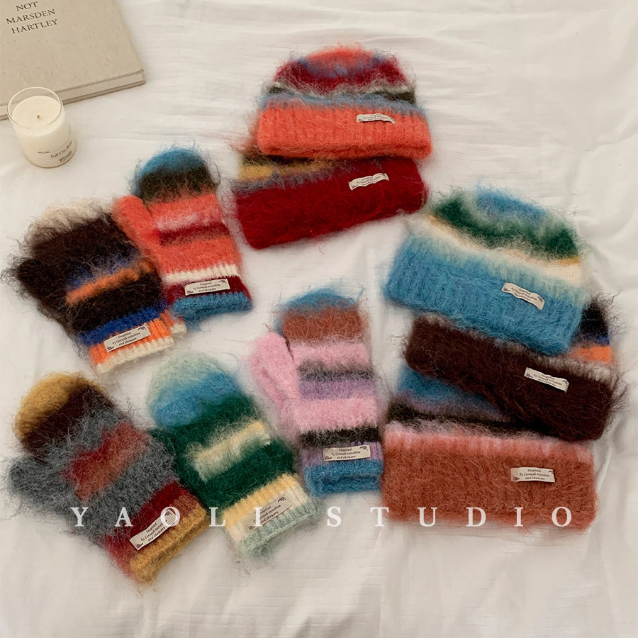 YAOLI配色hin好看～韩系秋冬ins氛围感毛绒套头帽子保暖手套女潮