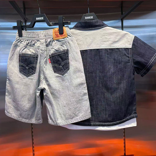Levi's李维斯纯棉短袖衬衫26夏男童拼接软牛仔上衣外套LV2622429 - 图1