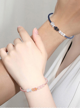 古国风编绳结一对情侣手链女足纯银貔貅手串蓝粉水晶同心手绳男款