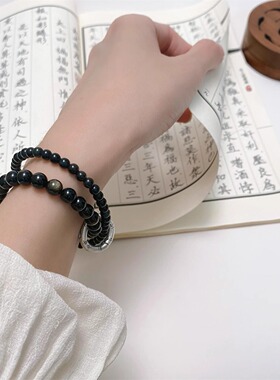 普陀山天然黑曜石手串双层串珠水晶情侣纯银手链女男新中式手串
