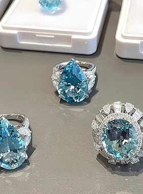 天然超级圣玛利亚海蓝宝戒指裸石吊坠项链18k定制金超圣海蓝宝石