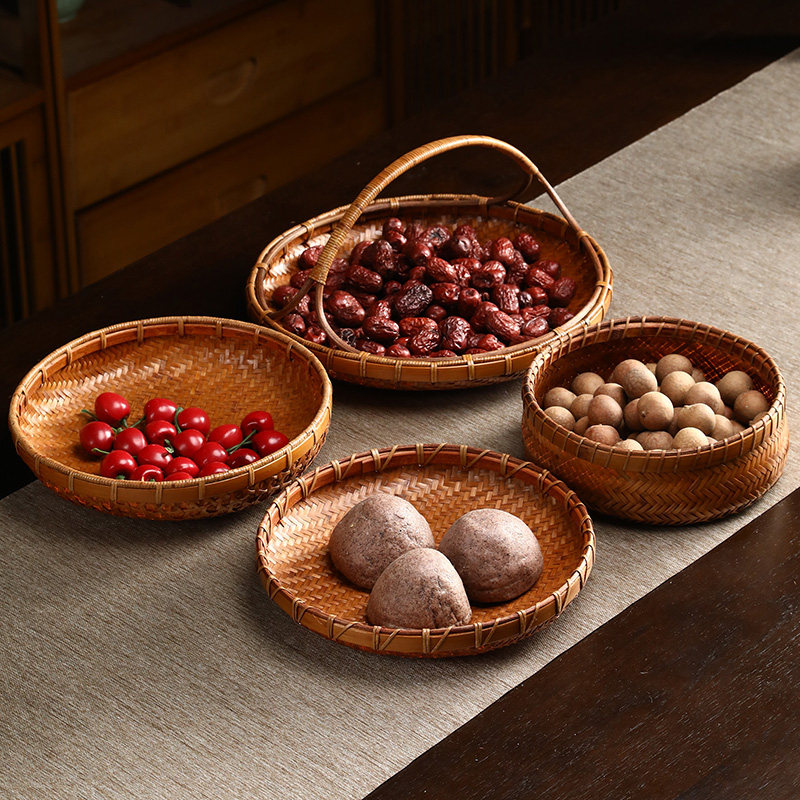 竹制复古大漆收纳筐家用茶叶簸箕茶点盘干果盘篮纯手工竹编果盘,淘宝优惠券,粉丝福利购,淘宝优惠卷