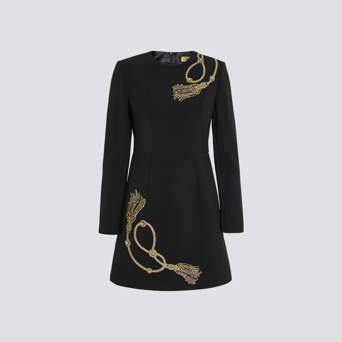 kodice秋冬新款黑色钉钻刺绣圆领长袖收腰连衣裙子A摆短裙时尚女 - 图3