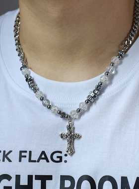 美式冰花珠原创设计涂鸦十字架黑钻钛钢男生项链小众高级感ins潮