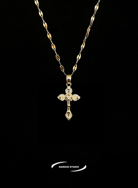 钛钢金色满钻十字架男士锁骨链