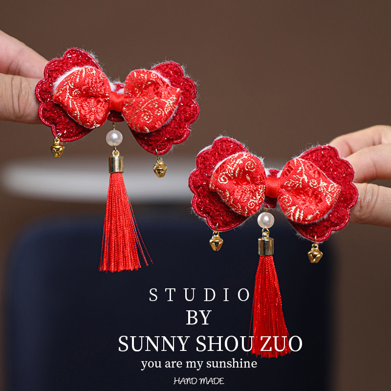 2026秋冬儿童古风对夹国风汉服小女孩蝴蝶结发夹过年红色宝宝头饰,淘宝优惠券,粉丝福利购,淘宝优惠卷