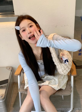 Busan春夏清新蓝色皮质波点发夹bb夹女甜美刘海夹侧边夹温柔发饰
