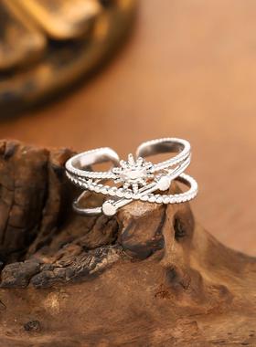 复古太阳花镀金钛钢女戒