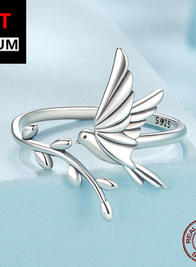 百搭原创精致飞鸟开口戒指s925纯银氧化款可调节小鸟戒指饰品女