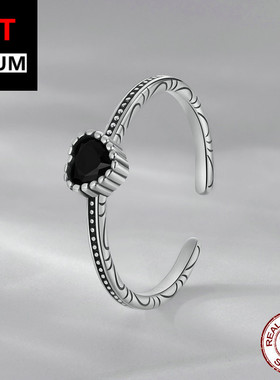 百搭个性暗夜之心开口戒可调节s925纯银氧化款心形爱心戒指饰品女