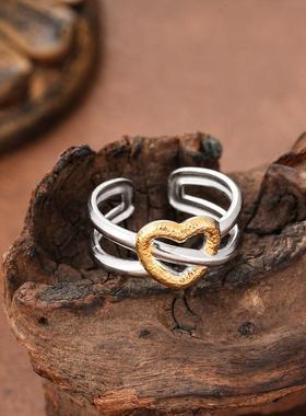 欧美高级感双拼色金叶戒指