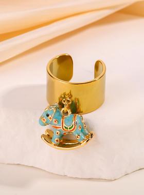 卡通珐琅彩小马吊坠女戒指