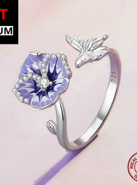 饰品跨境三色堇渐变开口戒指s925纯银花朵手饰指环可调节饰品女