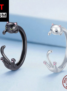 欧美流行饰品纯银s925银创意黑猫开口戒指镀黑金可爱动物指环手饰