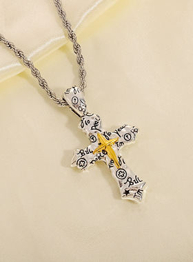 欧美复古涂鸦十字架项链