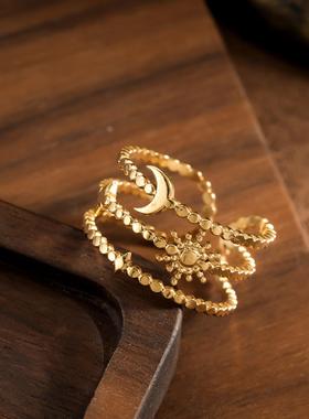 欧美风18K金花朵月亮戒指女