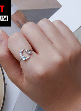 跨境百搭饰品纯银s925月光猫咪开口戒指 镀白金锆石月牙动物指环