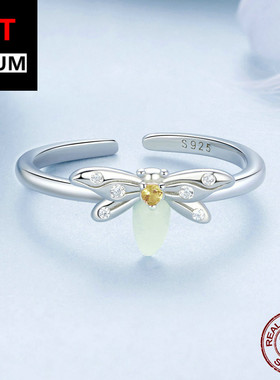 饰品跨境纯银夜光蜜蜂开口戒指可调节s925镀白金夜光石指环手饰女