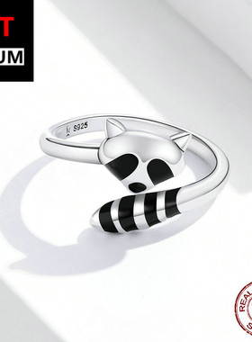 跨境百搭饰品原创新款可爱熊猫指环S925纯银戒指个性时尚开口戒女