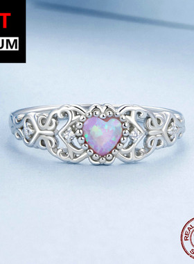 百搭新款粉色澳宝花纹镂空戒指s925纯银镀白金锆石简约指环饰品女